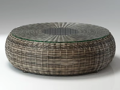 Round Rattan Coffee Table With Glass Top And Woven Natural Texture 3d model