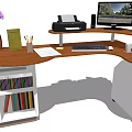 Modern Wooden L Shaped Desk With Computer Monitor Printer Green Notebook And Books