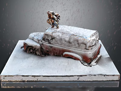 Old Rusty Truck In Snowy Scene With Figure On Roof Top 3d model