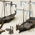 Vintage Wooden Sailing Ships With Blue Flags Bronze Angel Statue And Horn Decorations