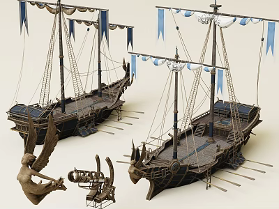 Vintage Wooden Sailing Ships With Blue Flags Bronze Angel Statue And Horn Decorations 3d model