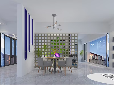 Modern Interior Space Featuring White Pillar Lattice Screen Green Plants Round Table And Laptop 3d model