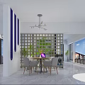 Modern Interior Space Featuring White Pillar Lattice Screen Green Plants Round Table And Laptop