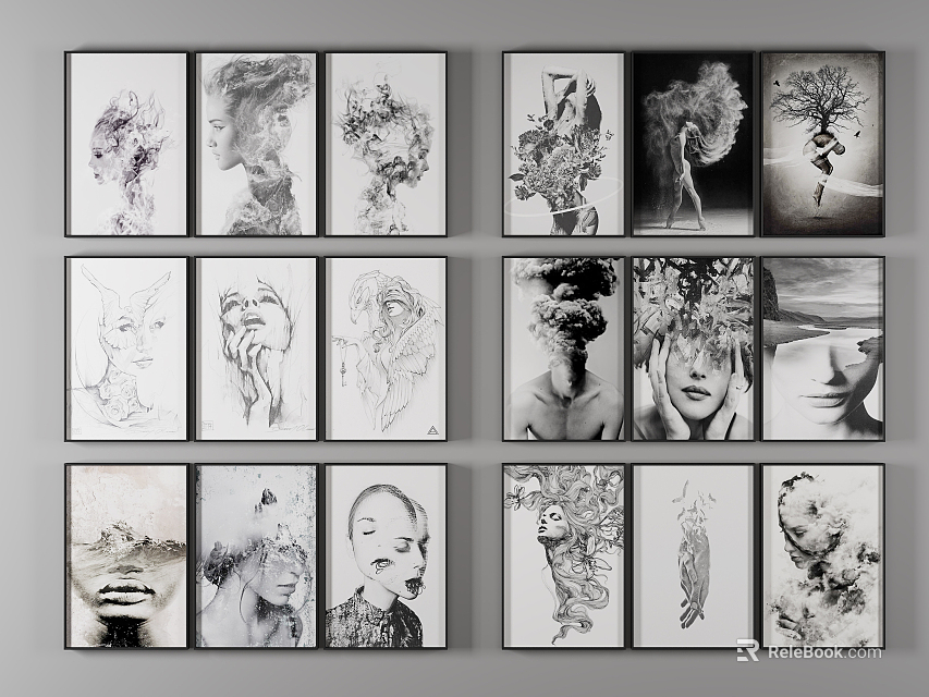 Collection of Figure Drawings Wall Art with Sketch Style Diverse Human Portraits 3d model 