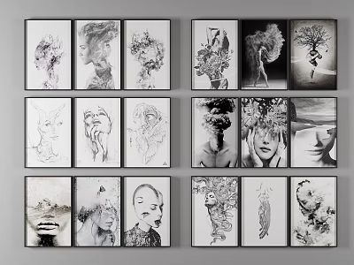 Collection of Figure Drawings Wall Art with Sketch Style Diverse Human Portraits 3d model