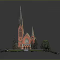 Cartoon Scene Featuring a Church with Tall Spires Red Gold Exterior Green Grass and Trees