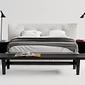 Modern Double Bed With Striped Bedspread Pillows Wooden Bench Nightstands And Table Lamps