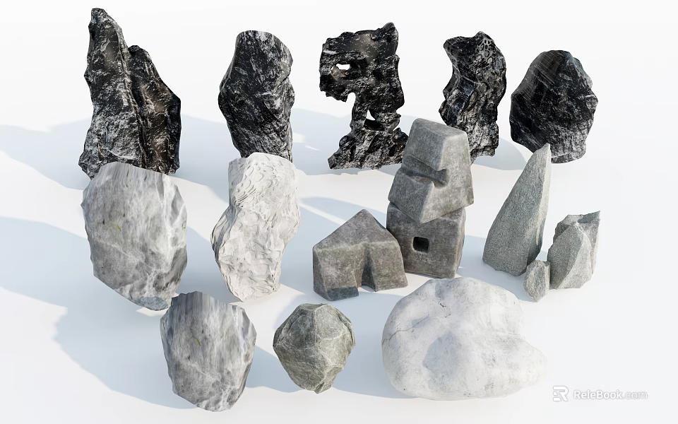 Natural Stone and Wood Decorative Items with Diverse Shapes and Textures 3d model 