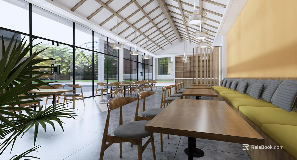 Modern Restaurant Interior With Wooden Roof Large Windows Yellow Walls Green Sofa Benches And Plants 3d model 