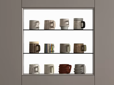 Various Cups With Different Colors And Designs Displayed On Three Shelves 3d model