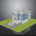 Two Story Blue House Exterior With White Roof Porch Staircase And Green Lawn