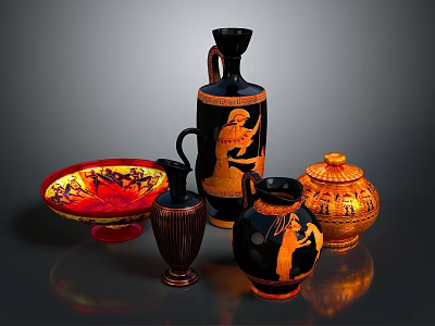 Ancient Greek Pottery Collection With Black Red Figural Designs And Vases Bowls Jars 3d model