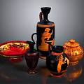 Ancient Greek Pottery Collection With Black Red Figural Designs And Vases Bowls Jars