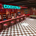 Vintage Bar Interior With Cocktails Neon Sign Red Bar Stools Checkerboard Floor And Pool Table