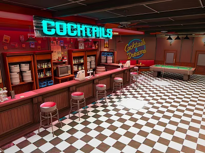 Vintage Bar Interior With Cocktails Neon Sign Red Bar Stools Checkerboard Floor And Pool Table 3d model