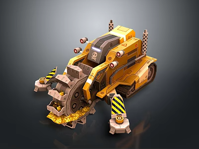 3D Rendered Yellow Construction Demolition Vehicle With Crushing Mechanism And Warning Stripes 3d model