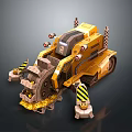 3D Rendered Yellow Construction Demolition Vehicle With Crushing Mechanism And Warning Stripes
