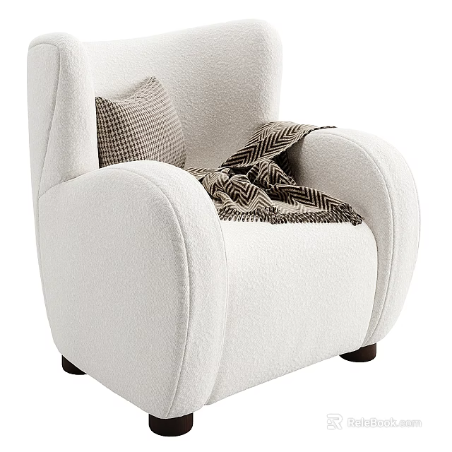 White Plush Modern Sofa and Coffee Table Set with Plaid Cushion and Throw Blanket 3d model 