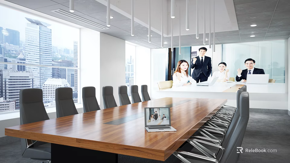 Modern Conference Room Design With Wooden Meeting Table Chairs And City View Windows 3d model 