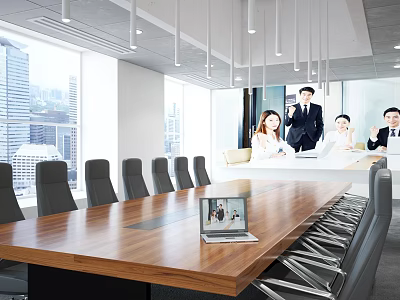 Modern Conference Room Design With Wooden Meeting Table Chairs And City View Windows 3d model
