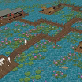 Waterfront Landscape With Wooden Boardwalks Purple Water Lilies Green Lotus Leaves And Floating Platforms