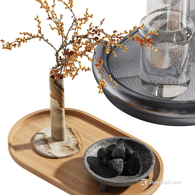 Elegant Decorative Ornament Set with Marble Vase Branches Berries Glass Cup and Wooden Tray 3d model 