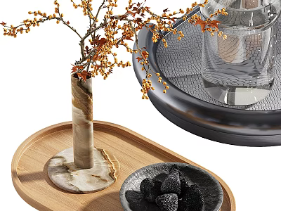 Elegant Decorative Ornament Set with Marble Vase Branches Berries Glass Cup and Wooden Tray 3d model