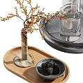 Elegant Decorative Ornament Set with Marble Vase Branches Berries Glass Cup and Wooden Tray
