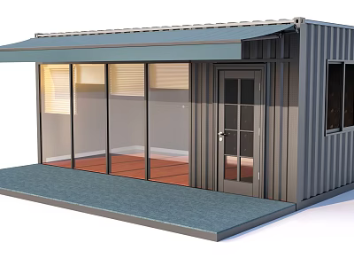 Modern Container Building With Awning Glass Walls Porch And Red Floor 3d model
