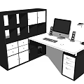 Modern Home Office Desk Setup With Computer Monitor Desk Lamp Speakers And Bookshelf