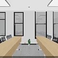 Rectangular Ceiling Lights On White Ceiling Illuminating Bright Room With Long Tables Chairs And Windows 3d model