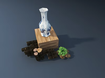 Ceramic Ware Blue And White Vase On Wooden Box With Wood Pieces And Green Plant 3d model