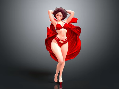 Striking Woman In Red Lingerie With Flowing Red Cape And Elegant Pose 3d model