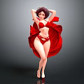 Striking Woman In Red Lingerie With Flowing Red Cape And Elegant Pose