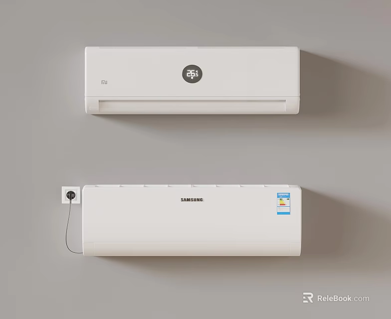 White Wall Mounted Air Conditioner Units From Midea And Samsung Brands 3d model