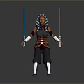 Game Movie Character With Blue And White Hair Holding Blue Lightsaber In Black Red Outfit