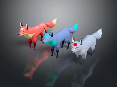 Decorative Ornament Set of Fox Figurines with Low Poly Design and Red Blue White Colors 3d model