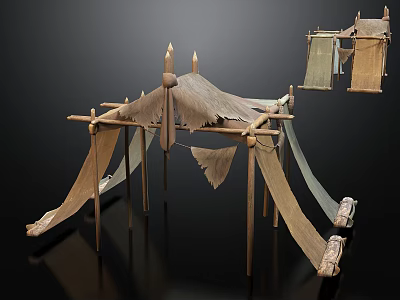 Traditional Handcrafted Tent With Wooden Frame Animal Skin Covering And Pointed Top Decorations 3d model