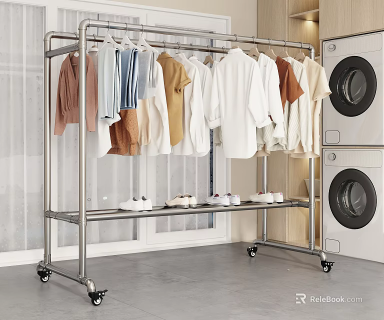 Stainless Steel Clothes Rack With Hanging Clothes Shoes Below And Washing Machine Nearby 3d model 