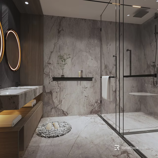 Modern Bathroom Interior With Marble Walls Circular Mirrors Glass Shower And Black Metal Fixtures 3d model 