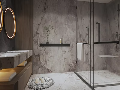 Modern Bathroom Interior With Marble Walls Circular Mirrors Glass Shower And Black Metal Fixtures 3d model