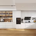 Modern Kitchen Interior Design With White Cabinets Glass Display Shelves Island Counter And Wooden Flooring