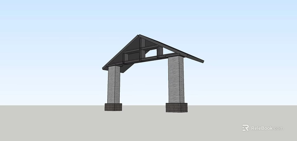 Architectural Entrance Gate Structure With Stone Columns And Triangular Roof Frame 3d model 