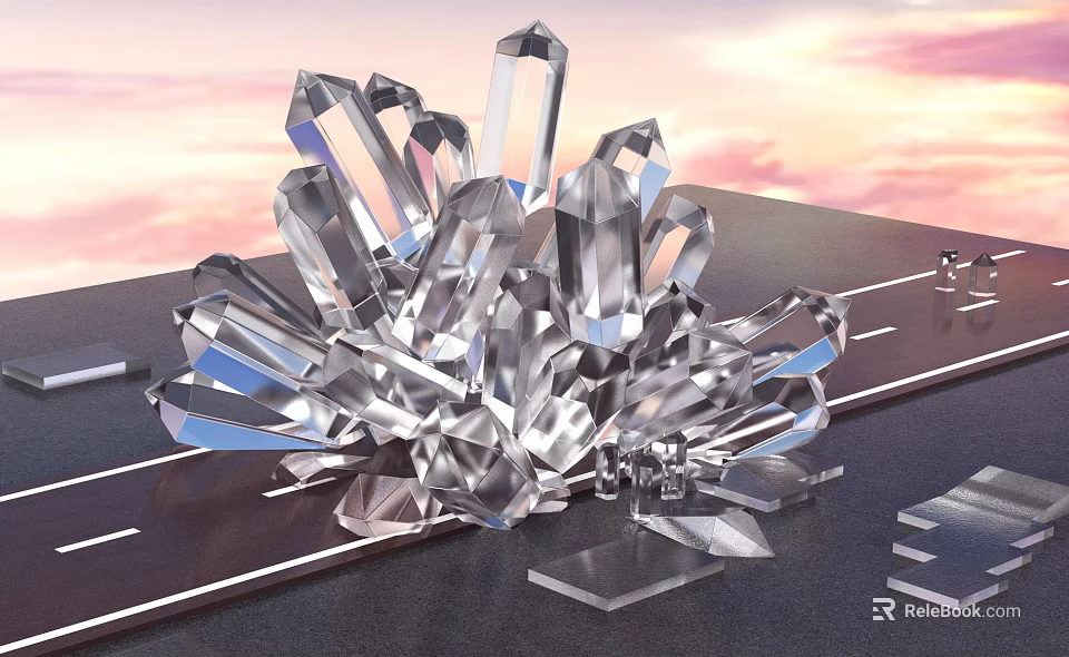 Transparent Crystals With Various Angular Shapes On Black Surface And Pink Orange Sky 3d model 