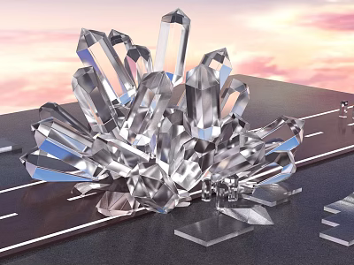 Transparent Crystals With Various Angular Shapes On Black Surface And Pink Orange Sky 3d model