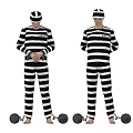 Men Wearing Striped Prison Uniforms with Ball and Chain Standing Isolated
