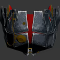 Futuristic Character Wearing Metallic Biomechanical Mask With Silver Red And Gold Intricate Accents