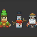 Colorful Pixelated Three Festive Characters Snowman Santa And Green Hat Holiday Figurines