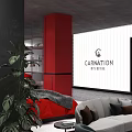 Carnation Exhibition Space With Red Pillars Gray Walls And Display Beds