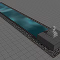Long Rectangular Water Fountain with Black Pedestal and White Lion Statue on Gray Grid Tiles